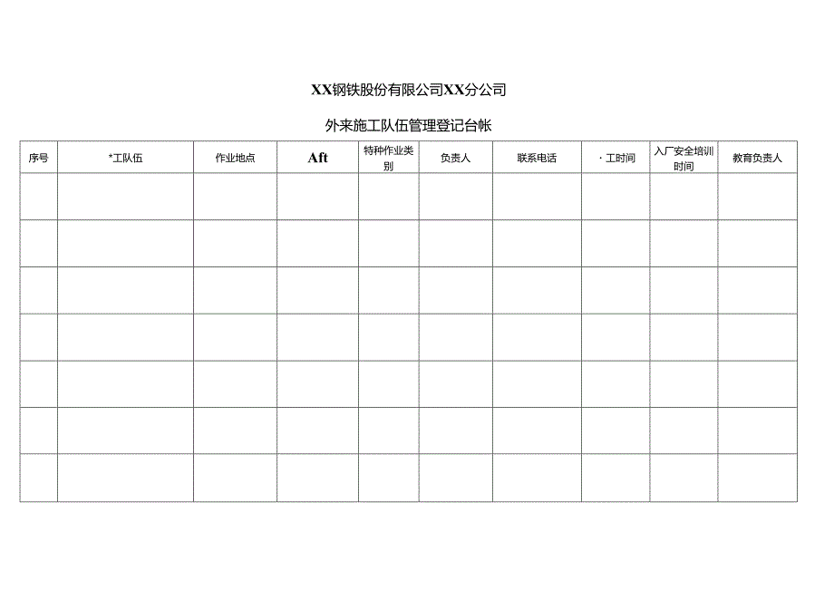 XX钢铁股份有限公司XX分公司外来施工队伍管理登记台帐（2024年）.docx_第1页
