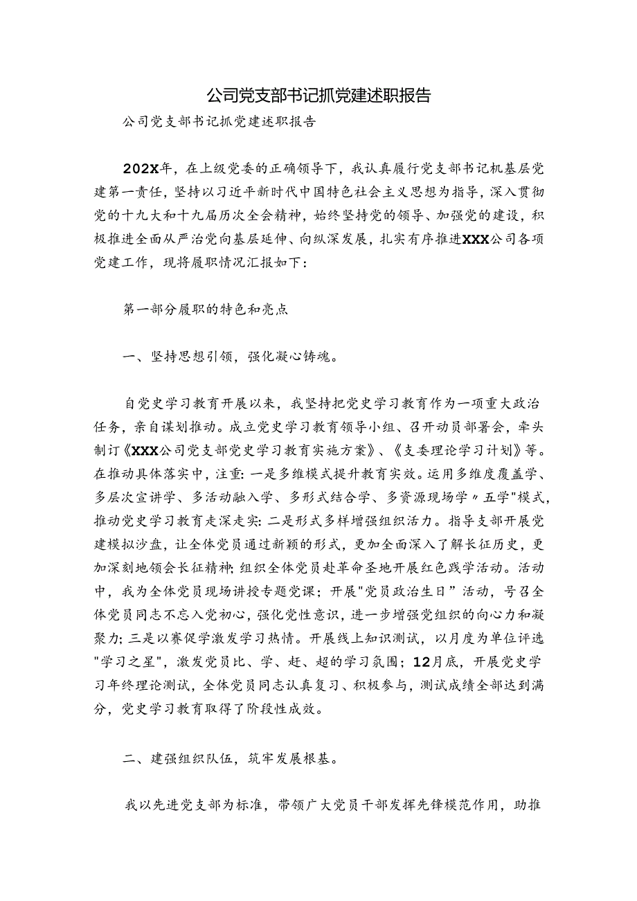 公司党支部书记抓党建述职报告.docx_第1页