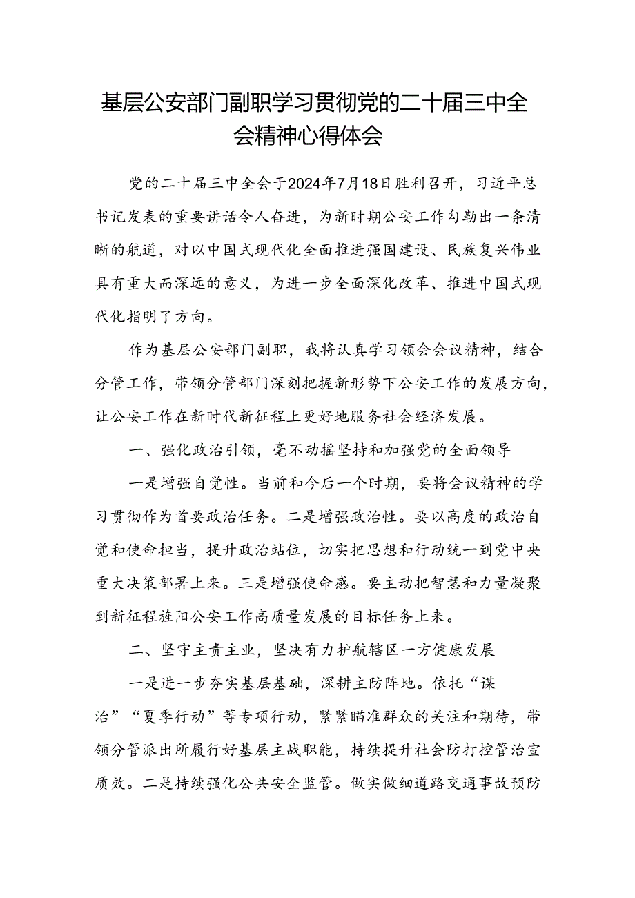 基层公安部门副职学习贯彻党的二十届三中全会精神心得体会.docx_第1页