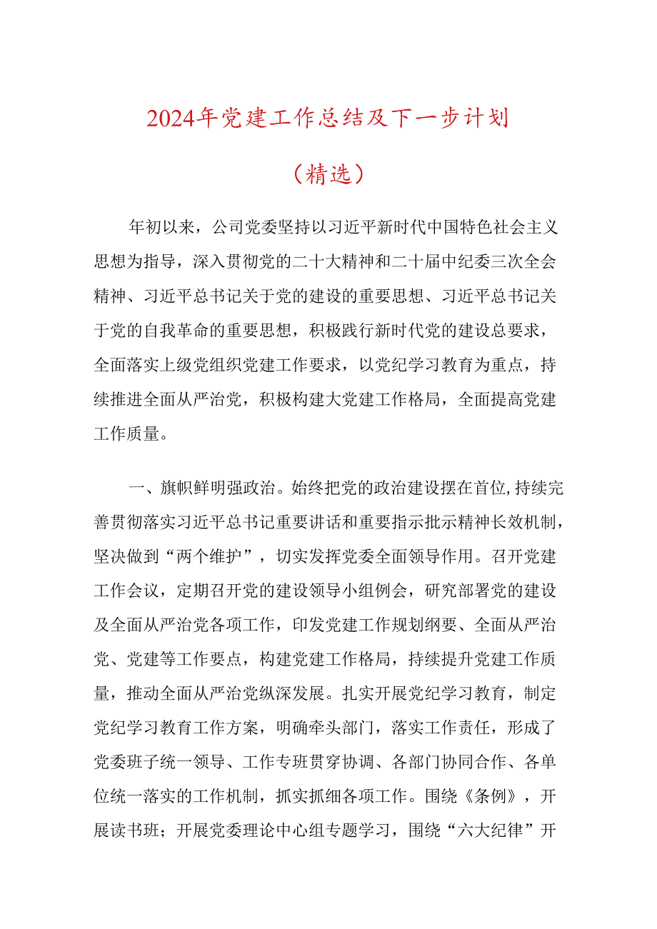 2024年党建工作总结及下一步计划（精选）.docx_第1页