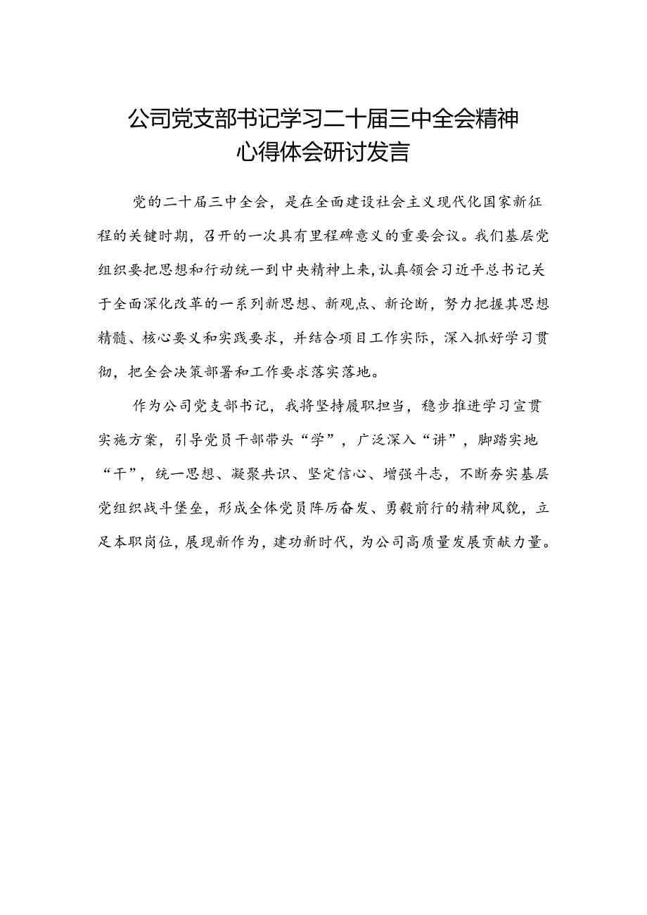 公司党支部书记学习二十届三中全会精神心得体会研讨发言.docx_第1页