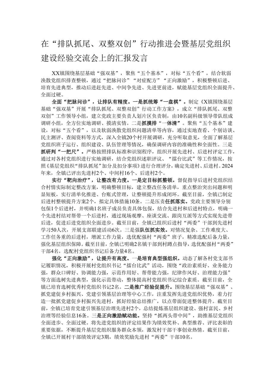 在“排队抓尾、双整双创”行动推进会暨基层党组织建设经验交流会上的汇报发言.docx_第1页