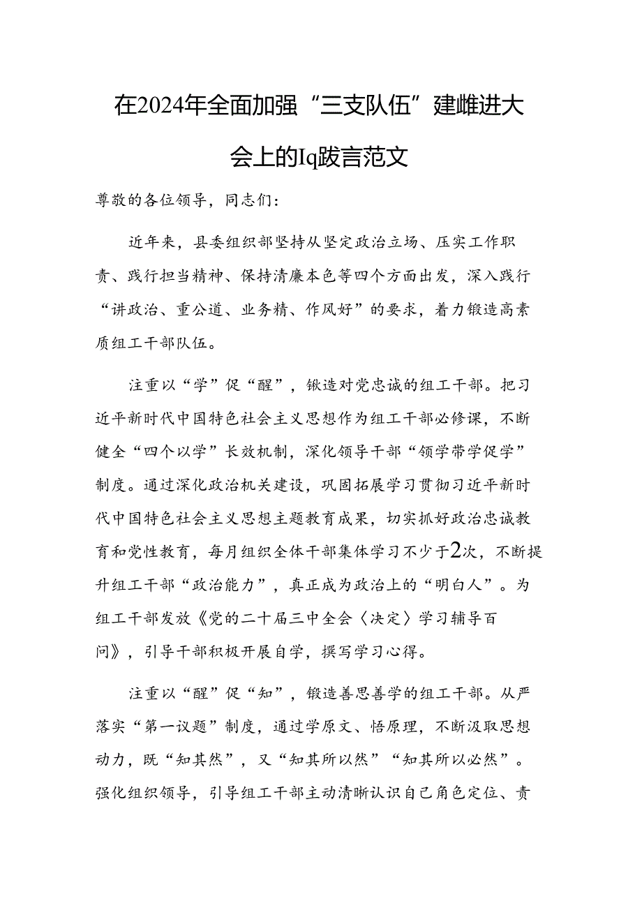 在2024年全面加强“三支队伍”建设推进大会上的汇报发言范文.docx_第1页