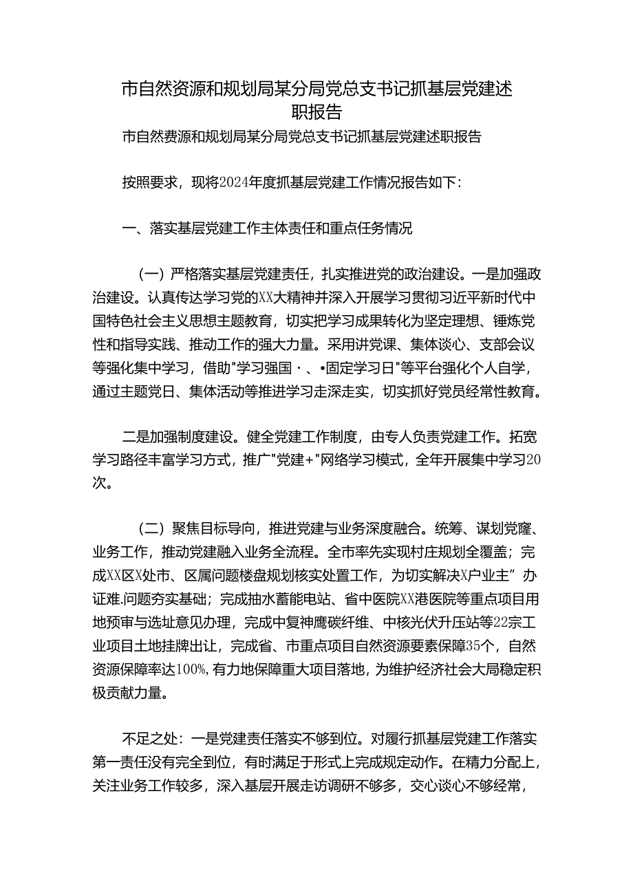市自然资源和规划局某分局党总支书记抓基层党建述职报告.docx_第1页