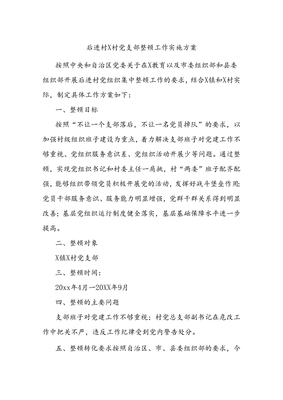 后进村x村党支部整顿工作实施方案.docx_第1页