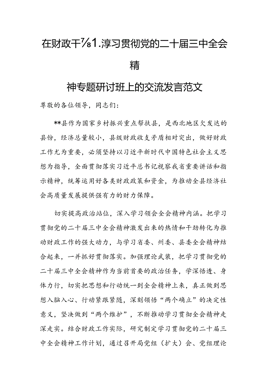 在财政干部学习贯彻党的二十届三中全会精神专题研讨班上的交流发言范文.docx_第1页