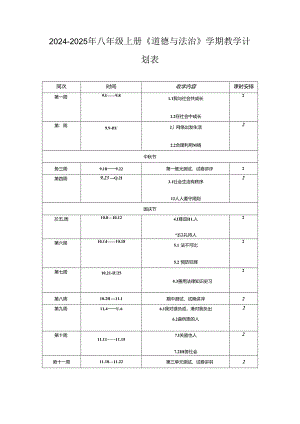 2024-2025年八年级上册《道德与法治》学期教学计划表.docx