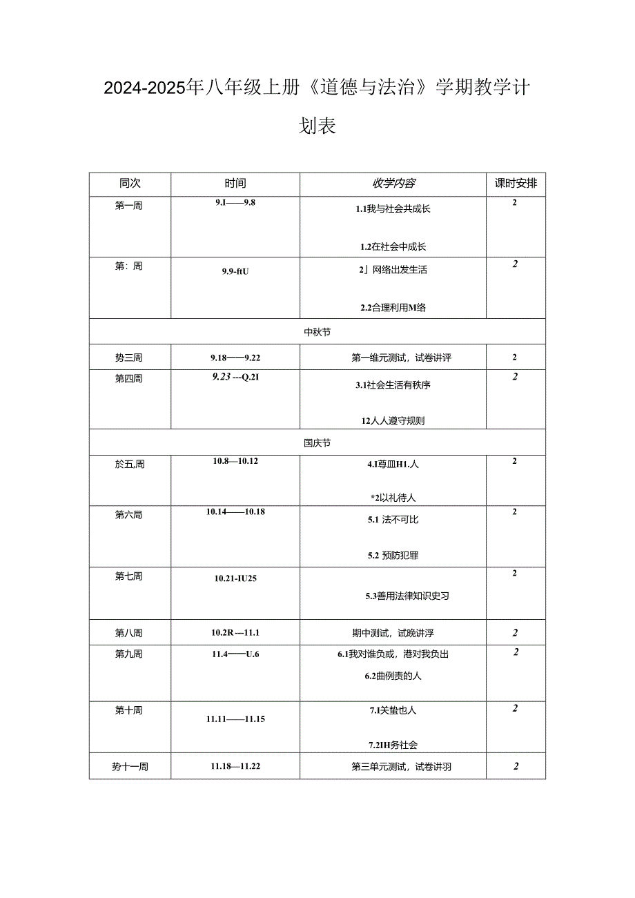 2024-2025年八年级上册《道德与法治》学期教学计划表.docx_第1页
