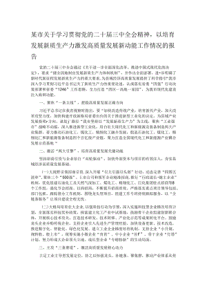 某市关于学习贯彻党的二十届三中全会精神以培育发展新质生产力激发高质量发展新动能工作情况的报告.docx