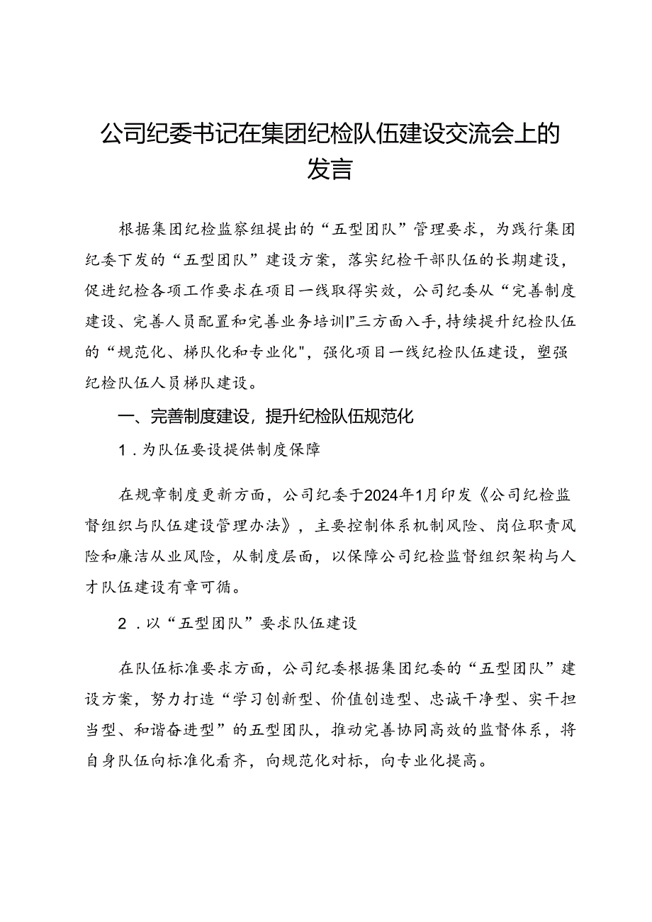 公司纪委书记在集团纪检队伍建设交流会上的发言.docx_第1页