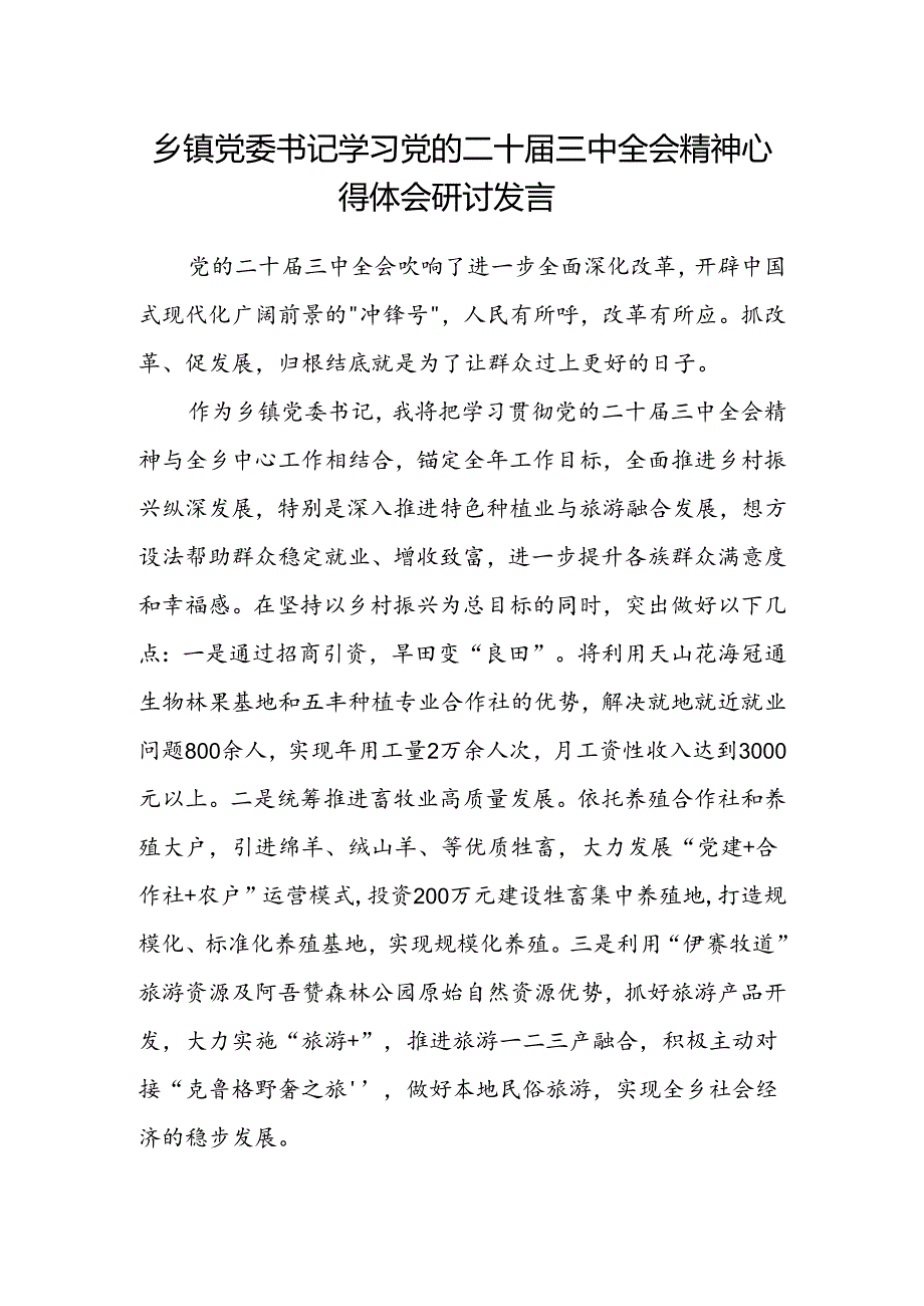 乡镇党委书记学习党的二十届三中全会精神心得体会研讨发言.docx_第1页