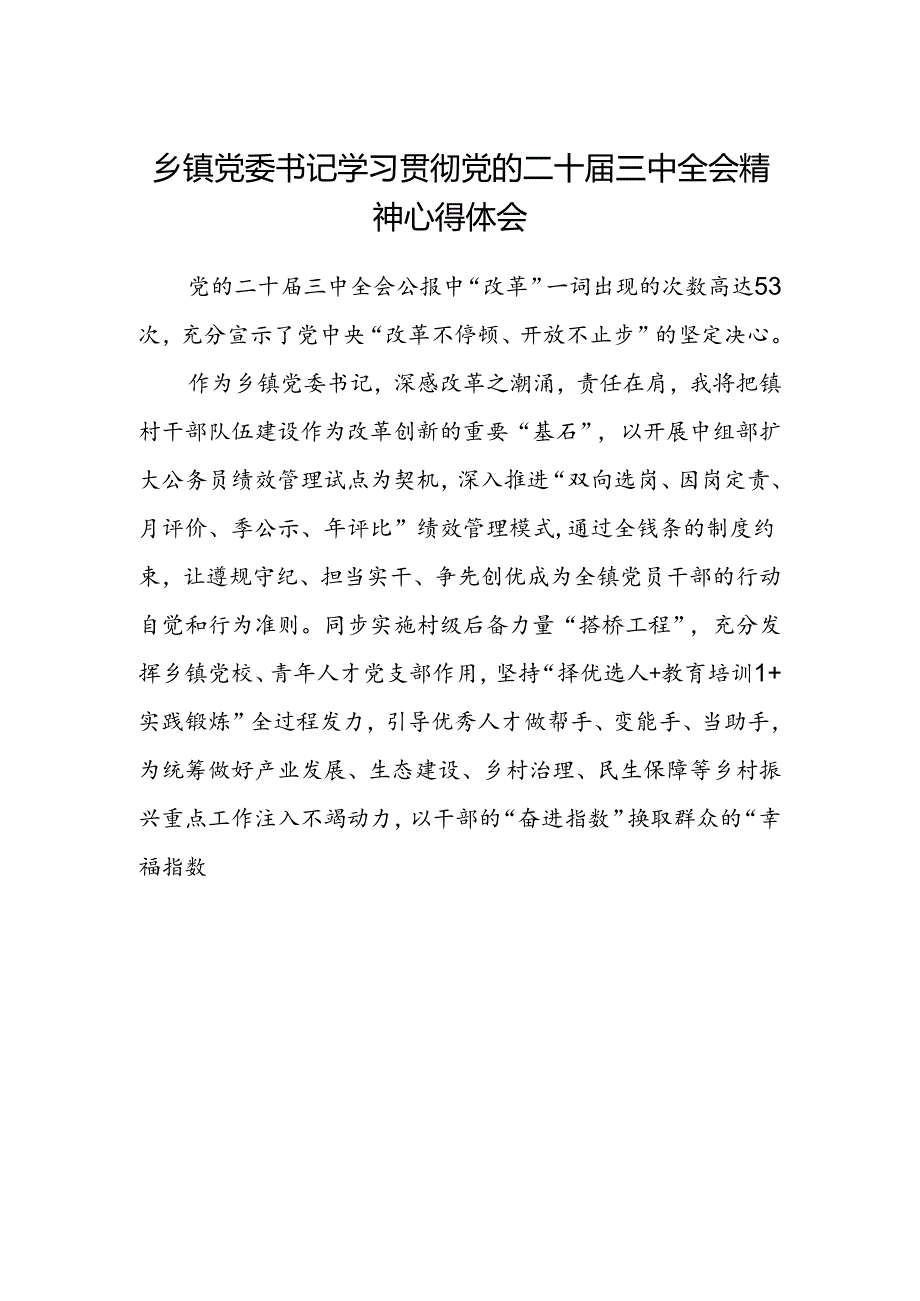 乡镇党委书记学习贯彻党的二十届三中全会精神心得体会 (4).docx_第1页