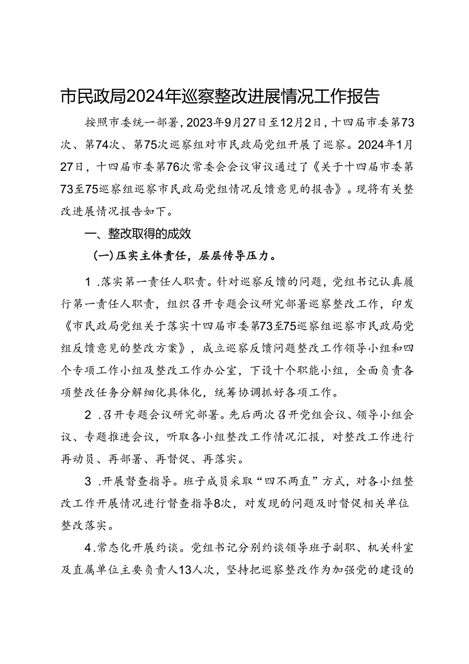 市民政局2024年巡察整改进展情况工作报告.docx_第1页