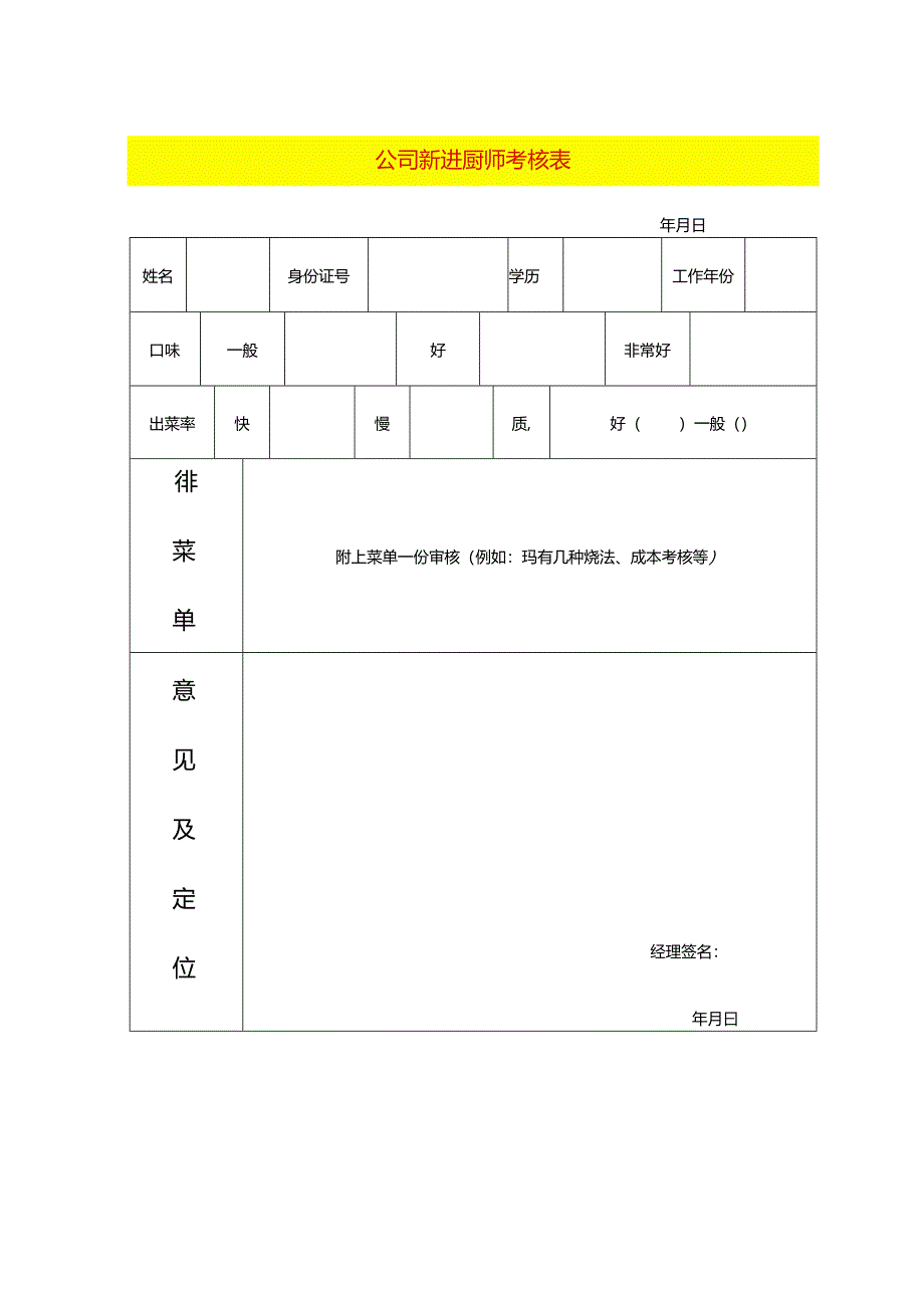公司厨师考核表.docx_第1页
