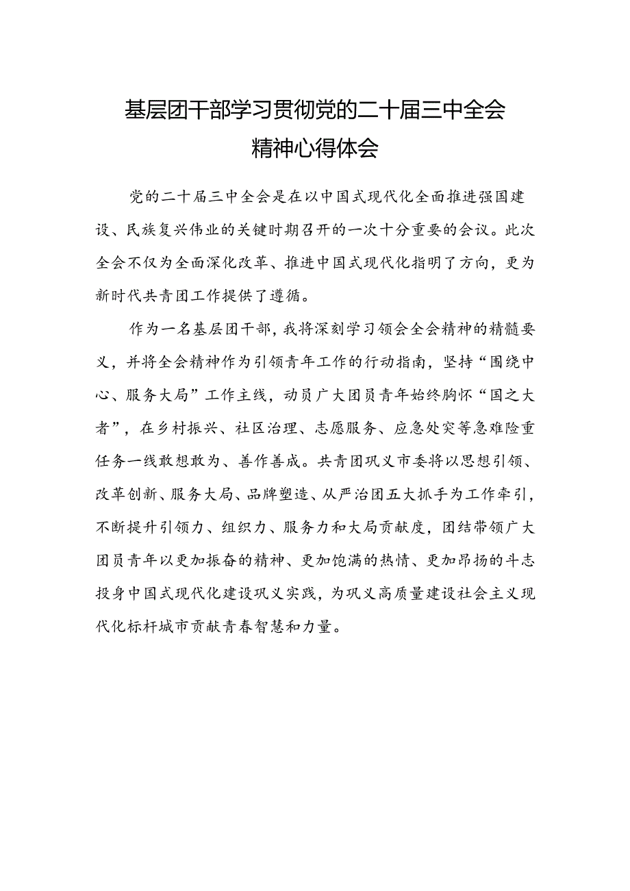 基层团干部学习贯彻党的二十届三中全会精神心得体会.docx_第1页