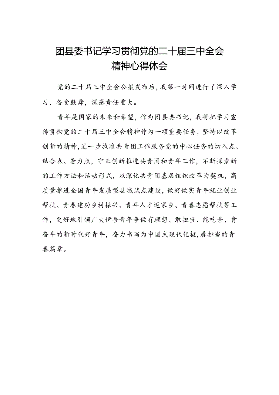 团县委书记学习贯彻党的二十届三中全会精神心得体会.docx_第1页