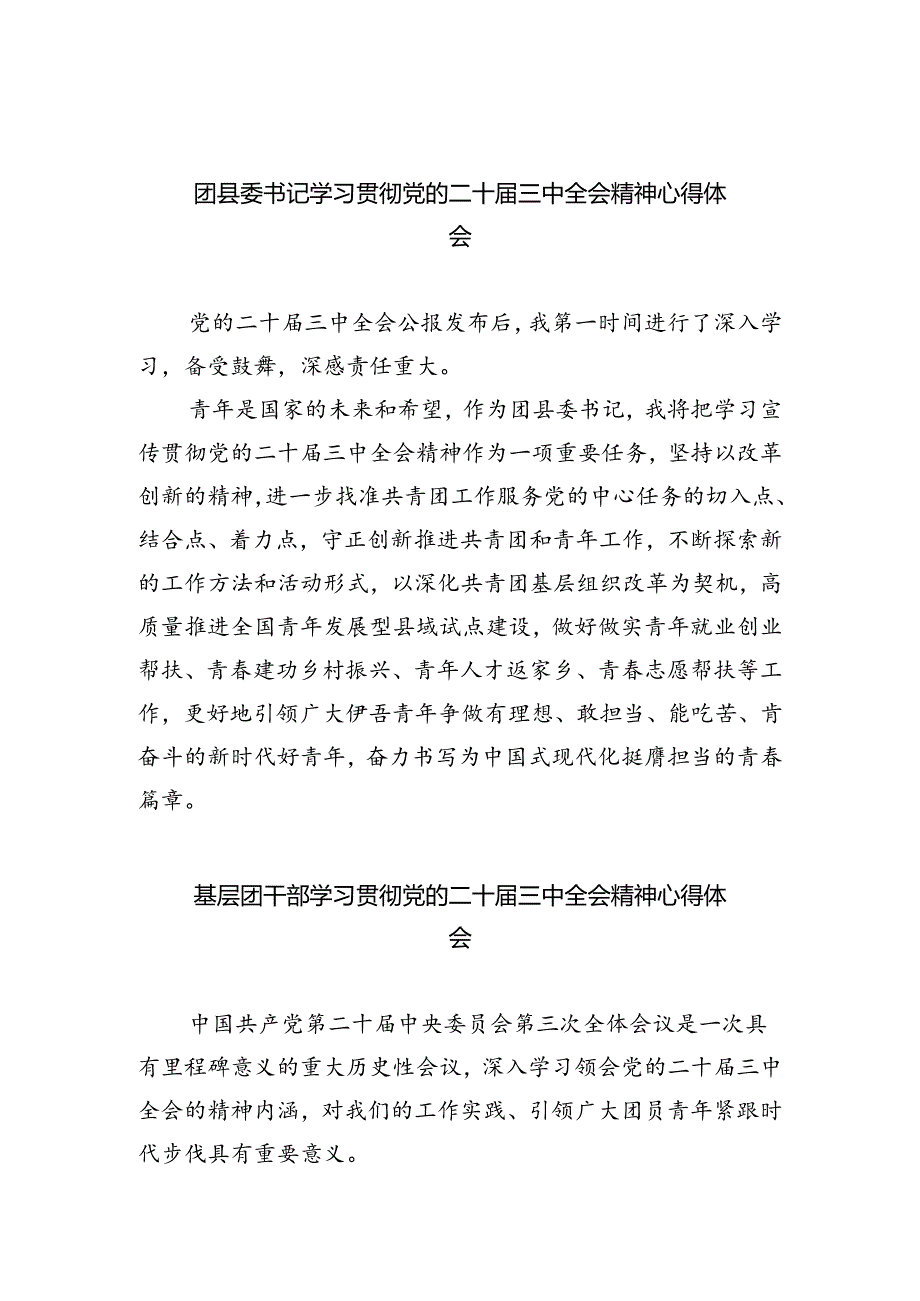 团县委书记学习贯彻党的二十届三中全会精神心得体会5篇（详细版）.docx_第1页