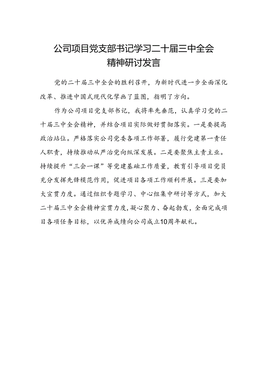 公司项目党支部书记学习二十届三中全会精神研讨发言.docx_第1页