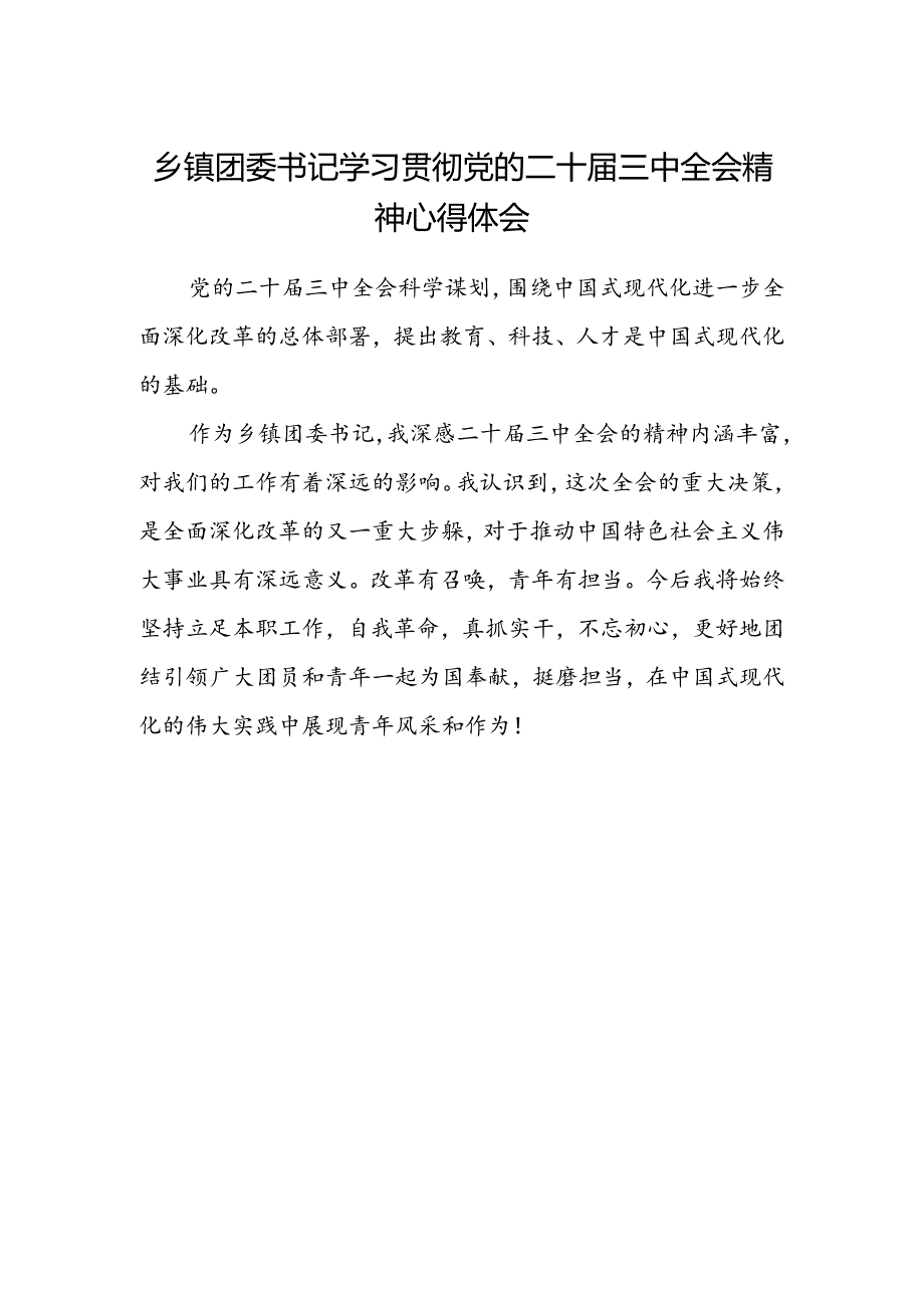 乡镇团委书记学习贯彻党的二十届三中全会精神心得体会.docx_第1页