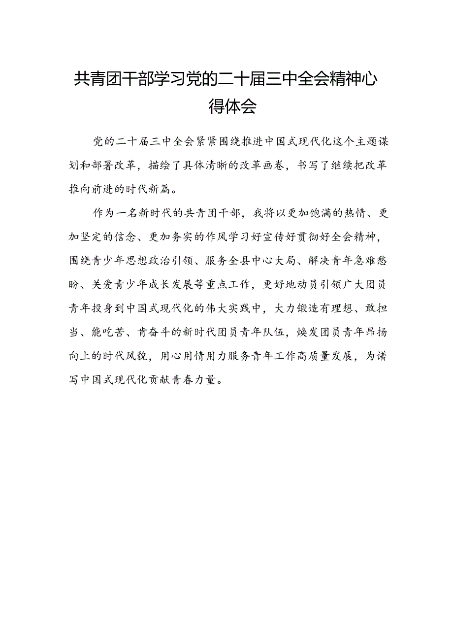 共青团干部学习党的二十届三中全会精神心得体会范文.docx_第1页