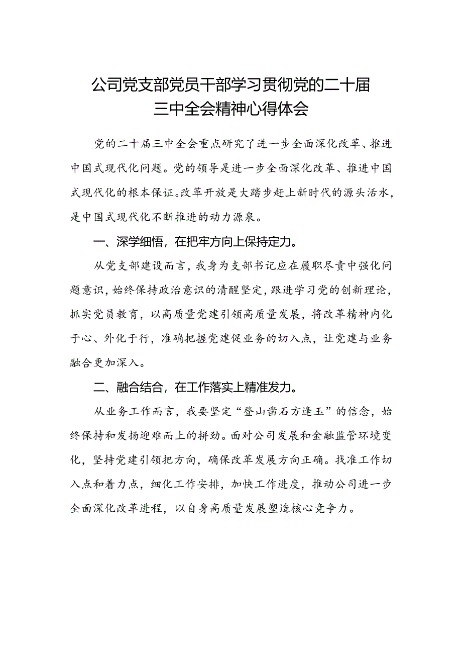 公司党支部党员干部学习贯彻党的二十届三中全会精神心得体会.docx_第1页