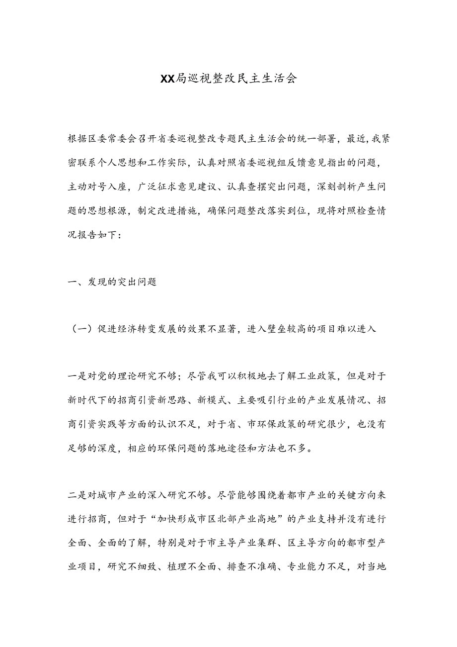 XX局巡视整改民主生活会.docx_第1页