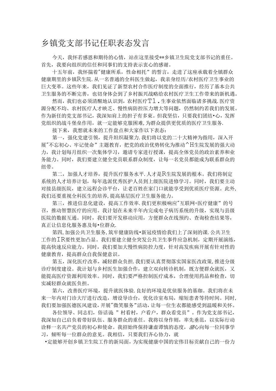乡镇党支部书记任职表态发言.docx_第1页