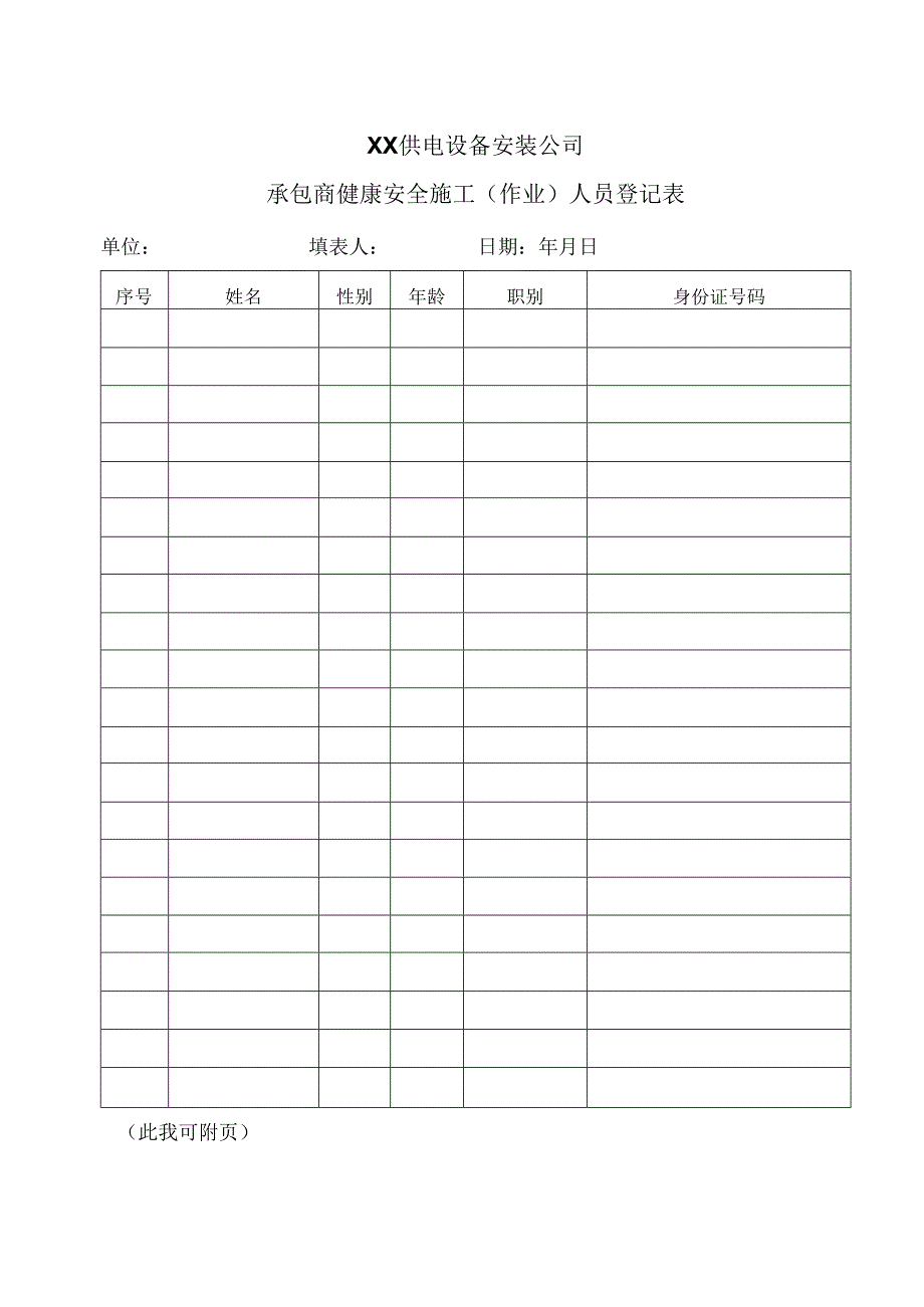 XX供电设备安装公司承包商健康安全施工(作业)人员登记表（2024年）.docx_第1页