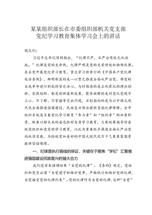 某某组织部长在市委组织部机关党支部党纪学习教育集体学习会上的讲话.docx