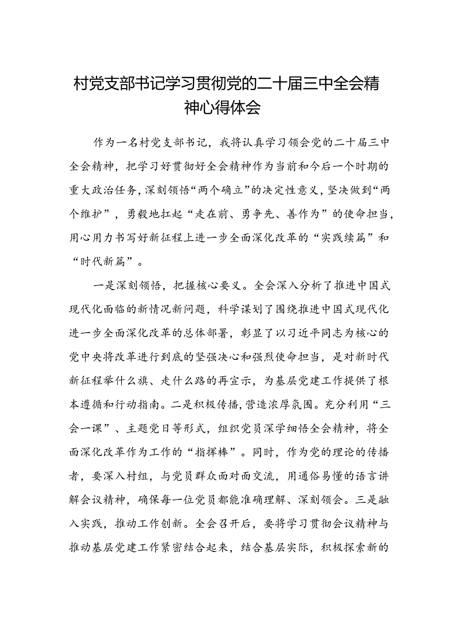 村党支部书记学习贯彻党的二十届三中全会精神心得体会.docx_第1页