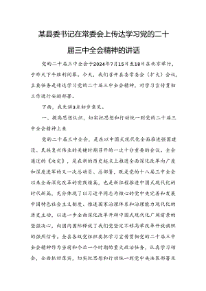 某县委书记在常委会上传达学习党的二十届三中全会精神的讲话.docx