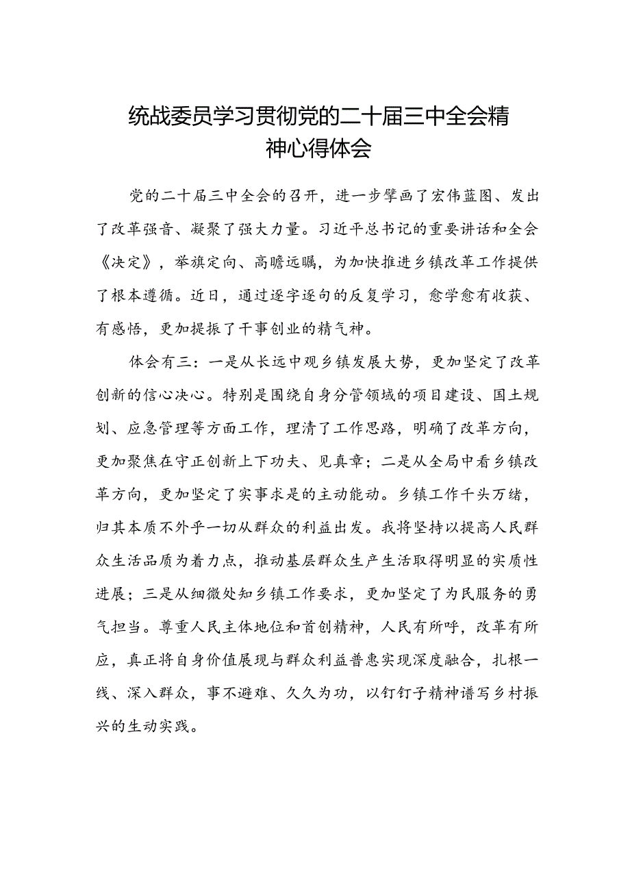 统战委员学习贯彻党的二十届三中全会精神心得体会.docx_第1页