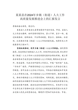 某某县在2024年乡镇（街道）人大工作高质量发展推进会上的汇报发言.docx