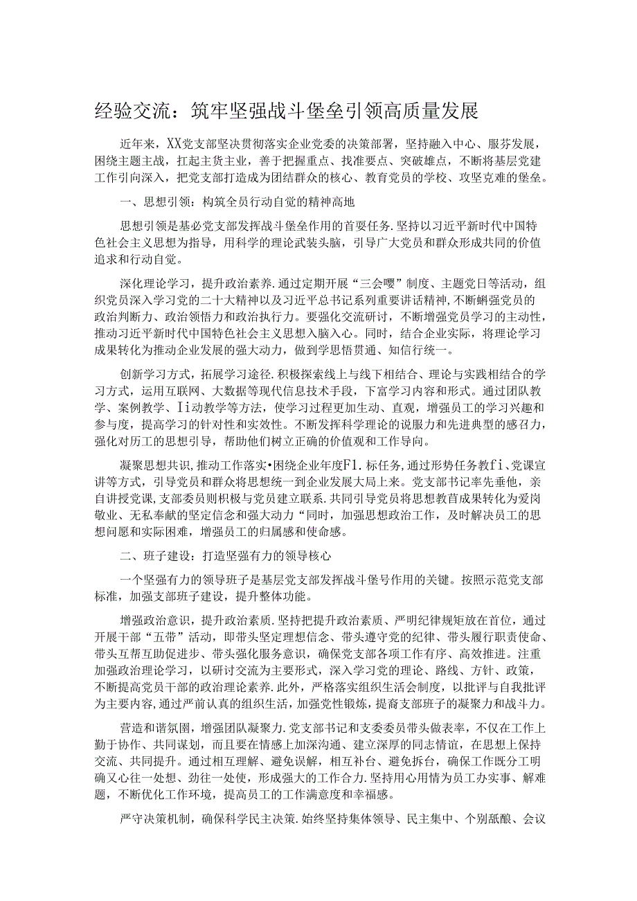 经验交流：筑牢坚强战斗堡垒 引领高质量发展 .docx_第1页