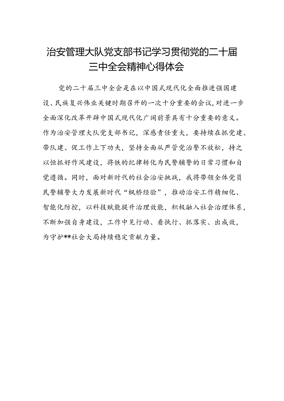 治安管理大队党支部书记学习贯彻党的二十届三中全会精神心得体会.docx_第1页