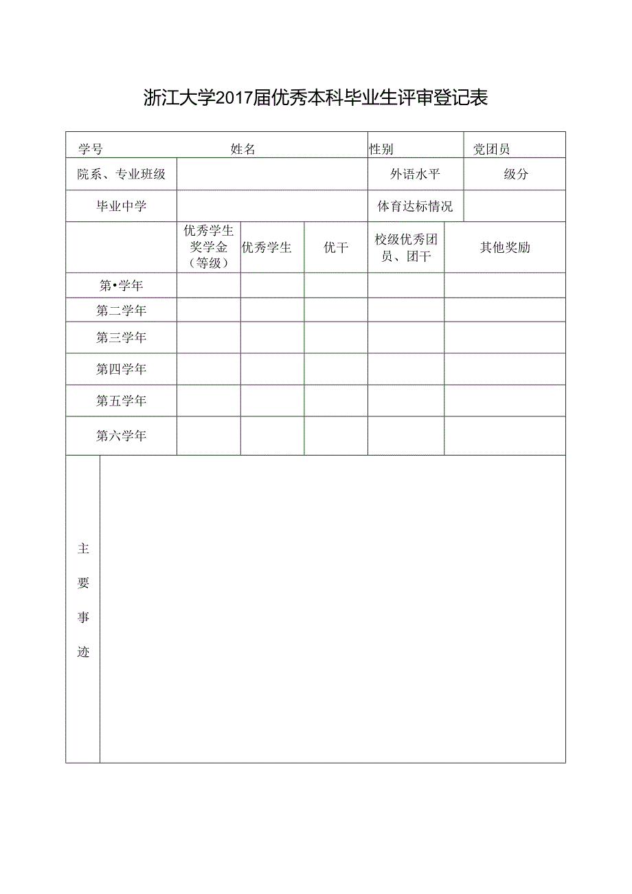 浙江大学 届本科优秀毕业生评审登记表.docx_第1页
