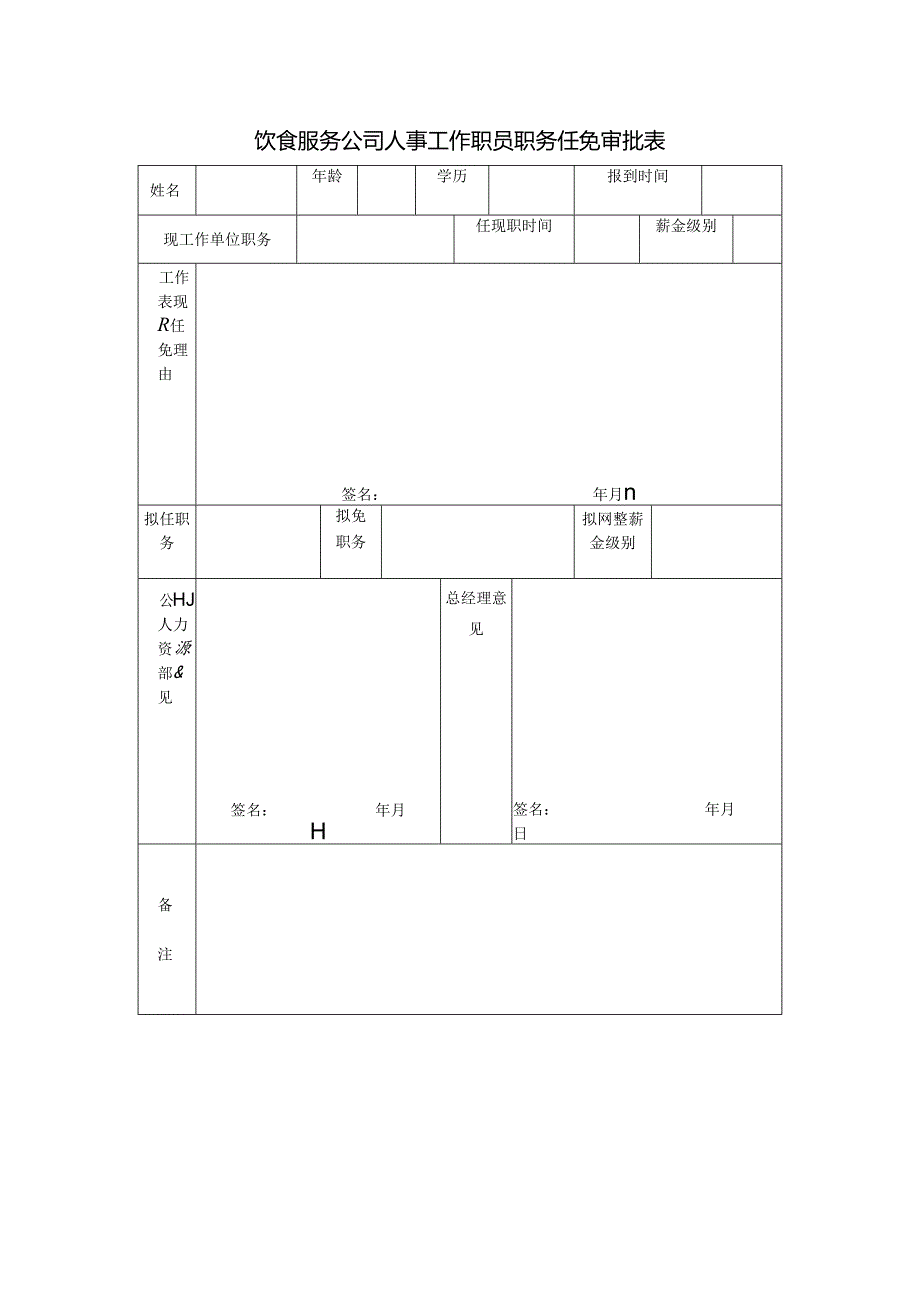 饮食服务公司人事工作职员职务任免审批表.docx_第1页