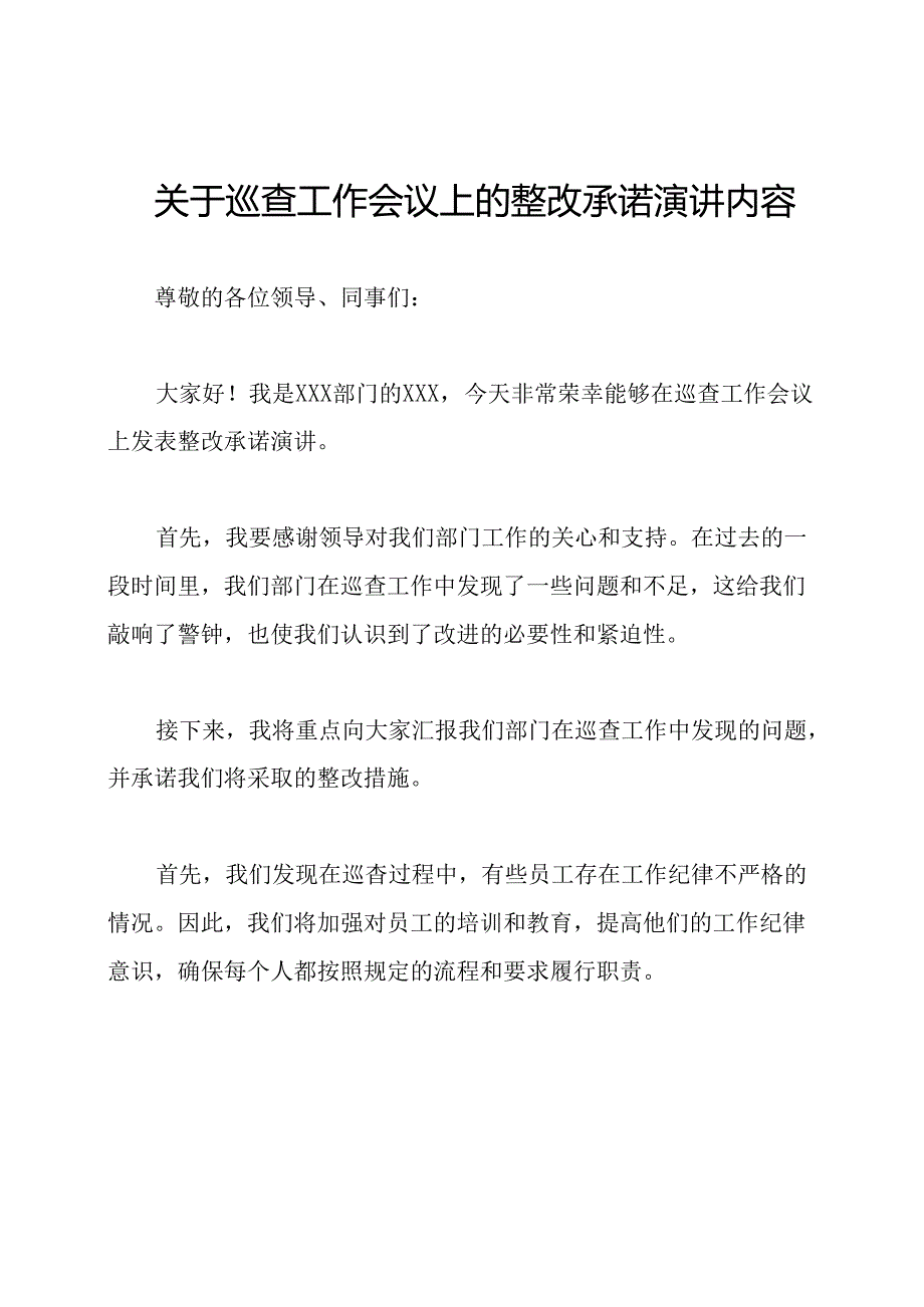 关于巡查工作会议上的整改承诺演讲内容.docx_第1页