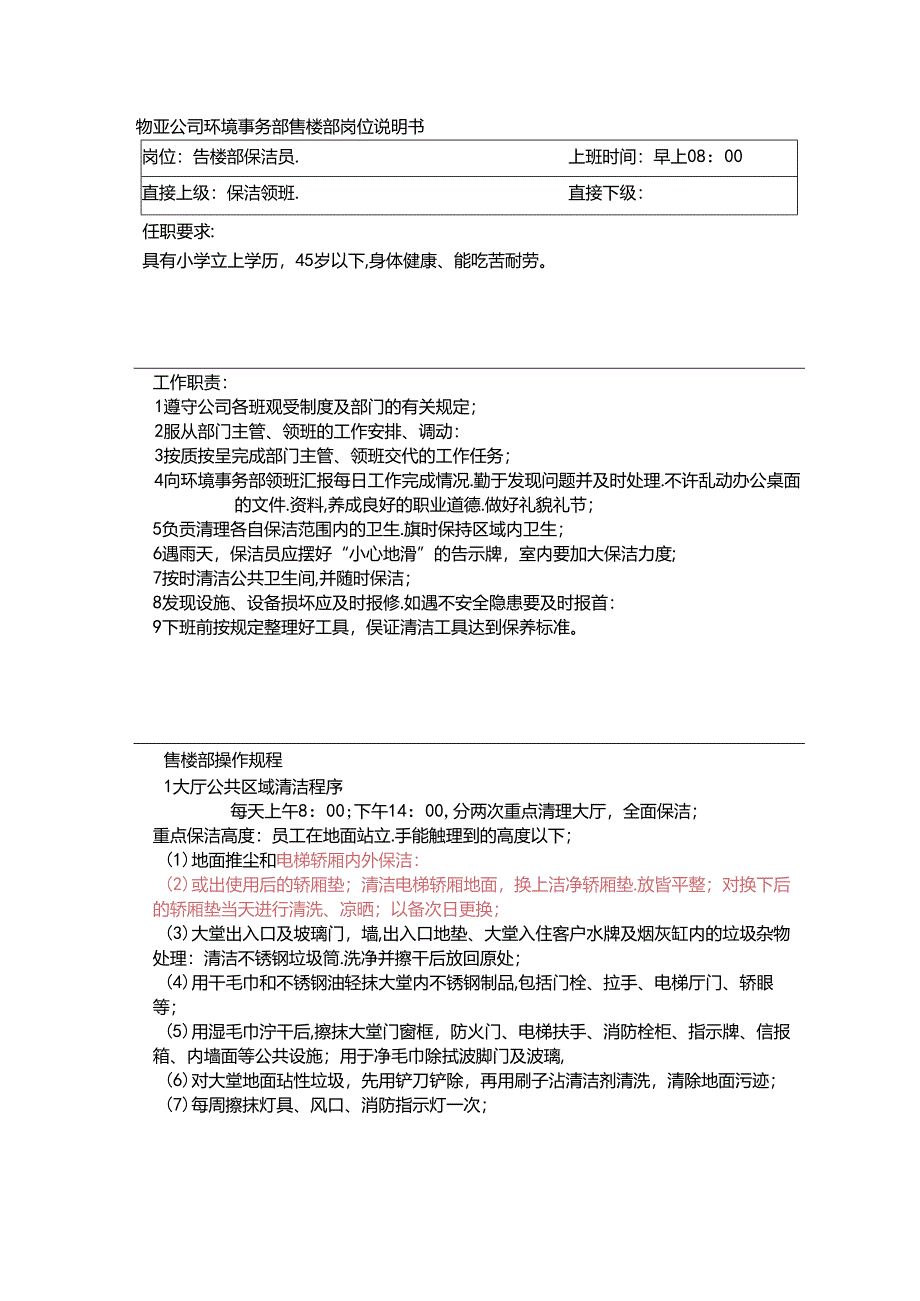 物业公司环境事务部售楼部岗位说明书.docx_第1页
