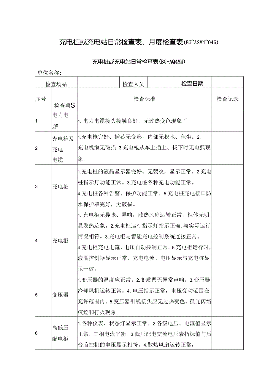 充电桩或充电站日常检查表、月度检查表.docx_第1页