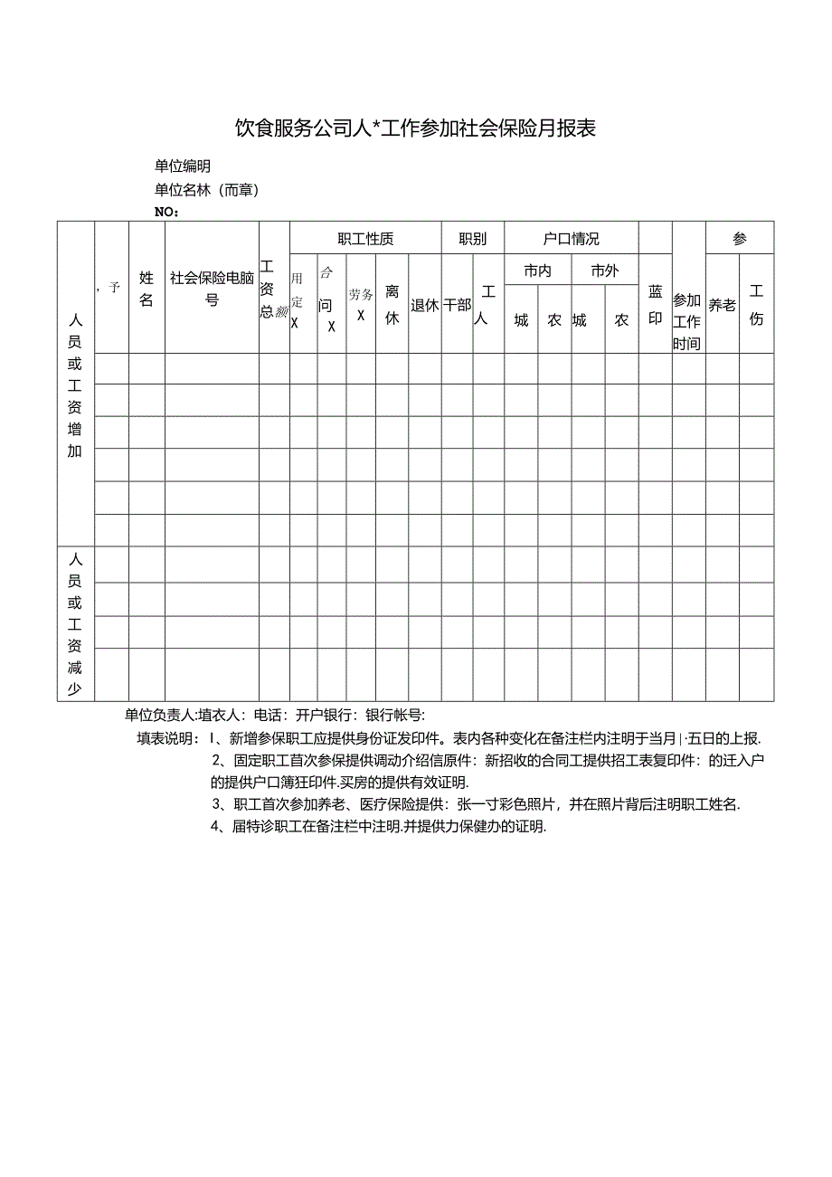 饮食服务公司人事工作参加社会保险月报表.docx_第1页