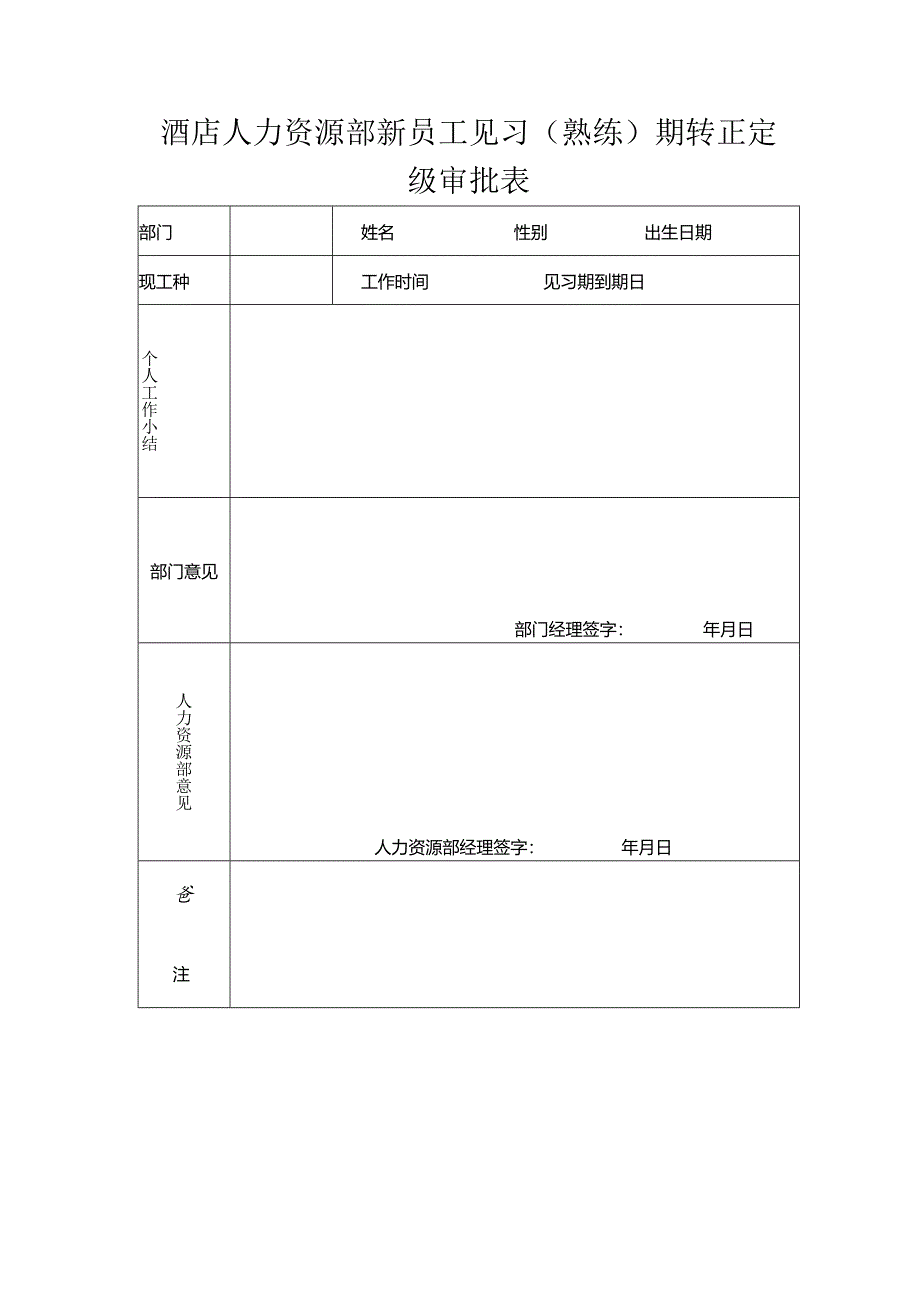 酒店人力资源部新员工见习（熟练）期转正定级审批表.docx_第1页