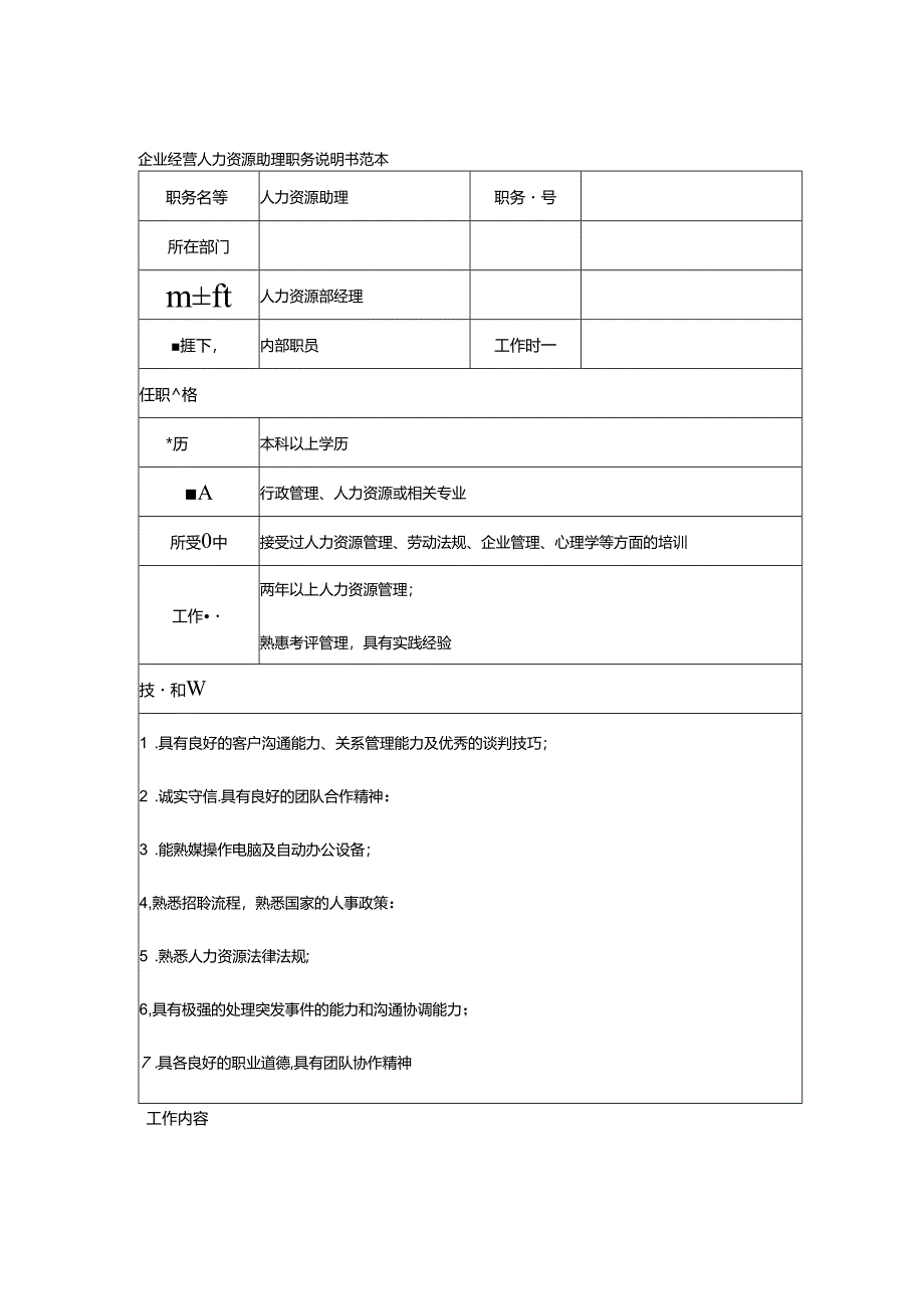 企业经营人力资源助理职务说明书范本.docx_第1页
