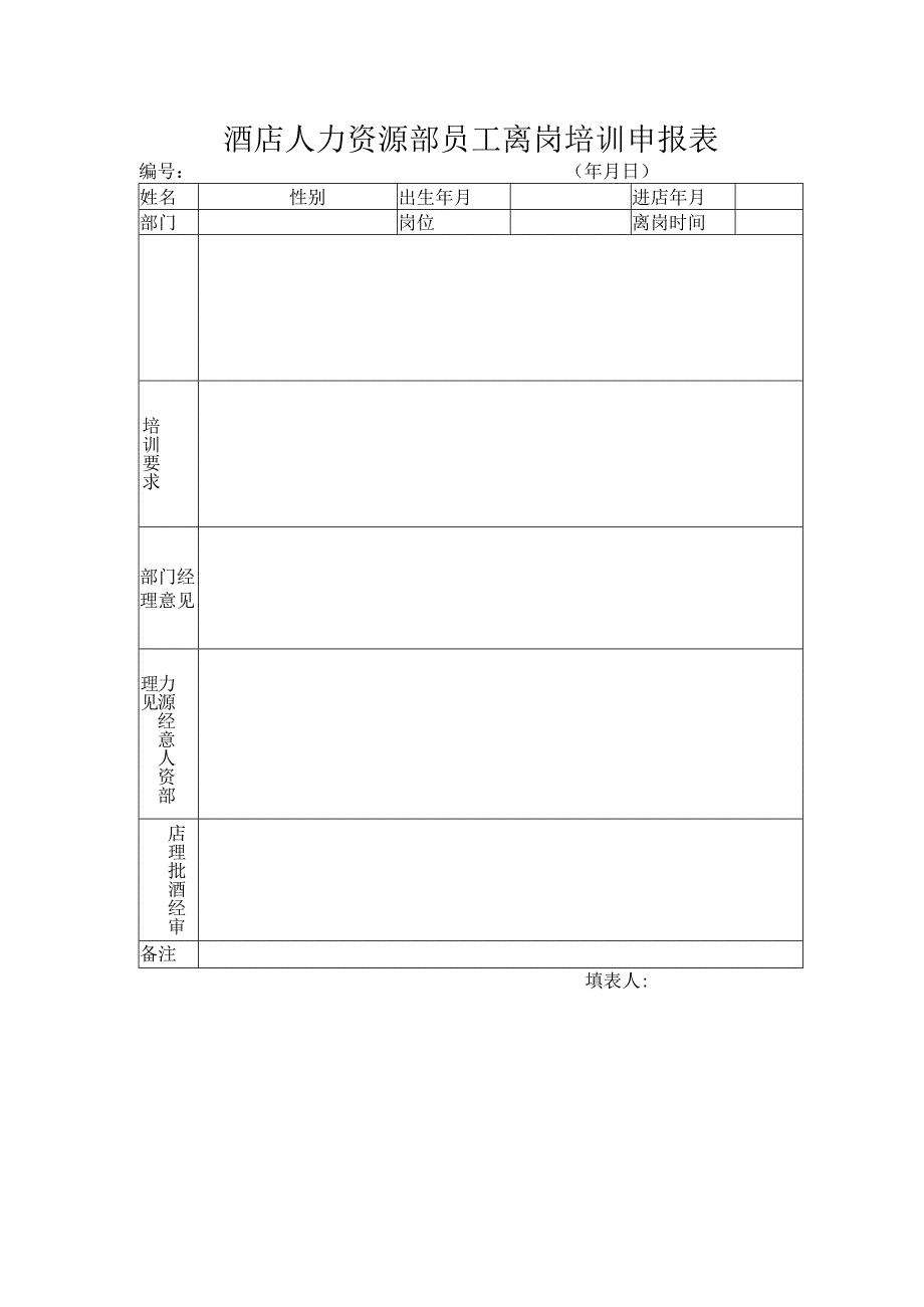 酒店人力资源部员工离岗培训申报表.docx_第1页