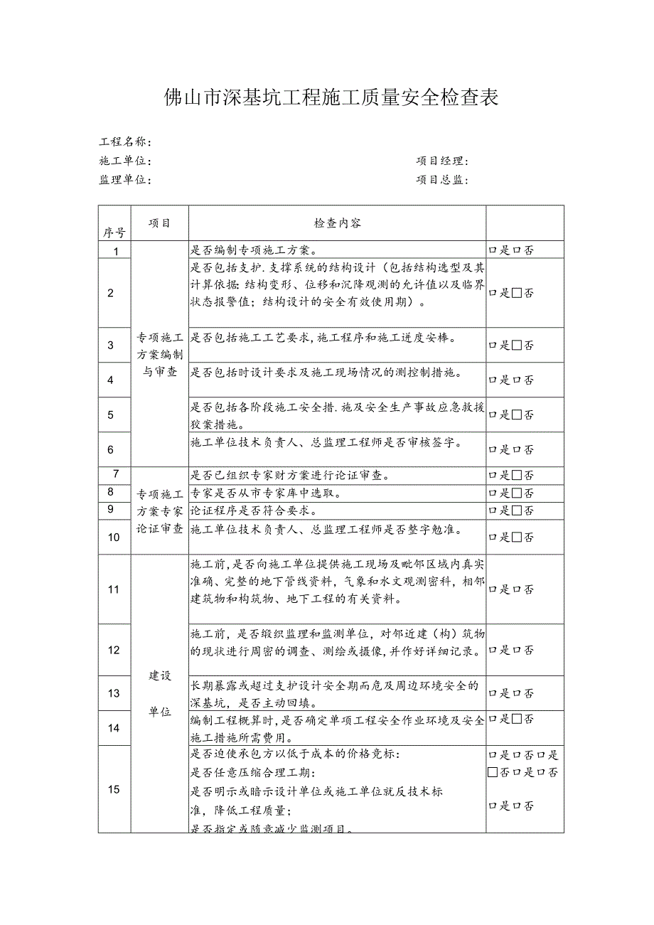 佛山市深基坑工程施工质量安全检查表.docx_第1页