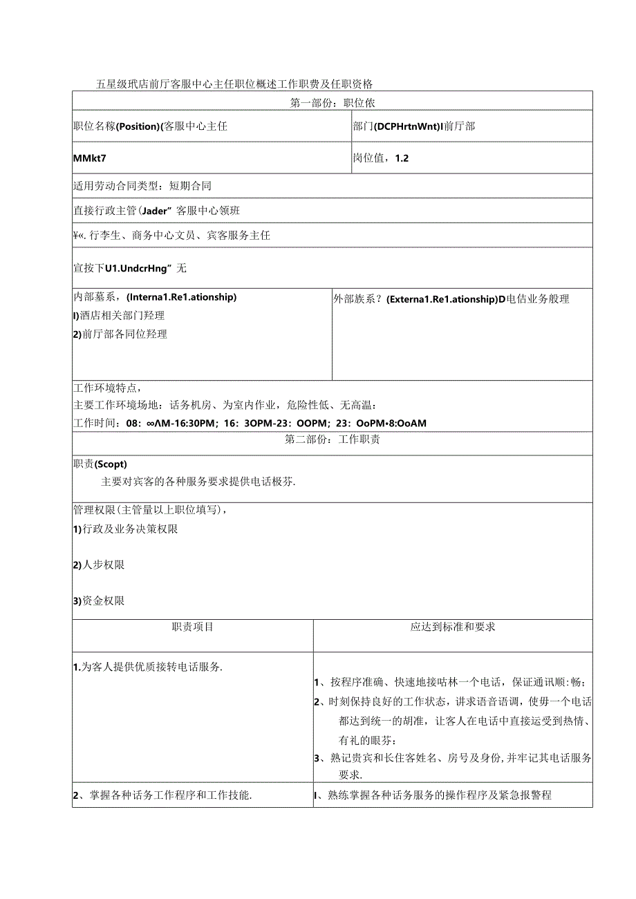 五星级酒店前厅客服中心主任职位概述工作职责及任职资格.docx_第1页