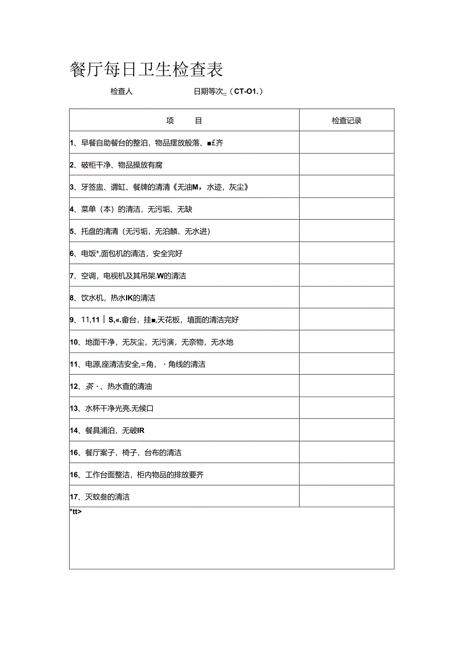 餐厅每日卫生检查表.docx_第1页