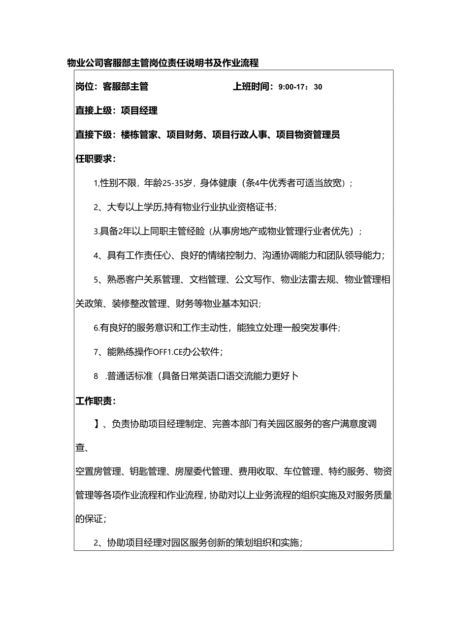 物业公司客服部主管岗位责任说明书及作业流程.docx_第1页
