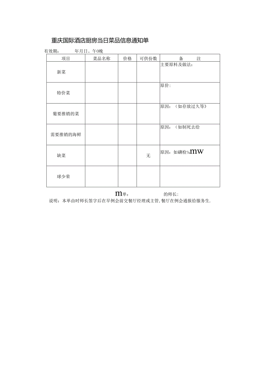 重庆国际酒店厨房当日菜品信息通知单.docx_第1页