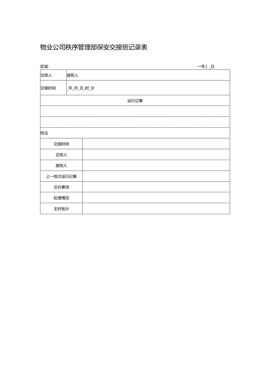 物业公司秩序管理部保安交接班记录表.docx_第1页
